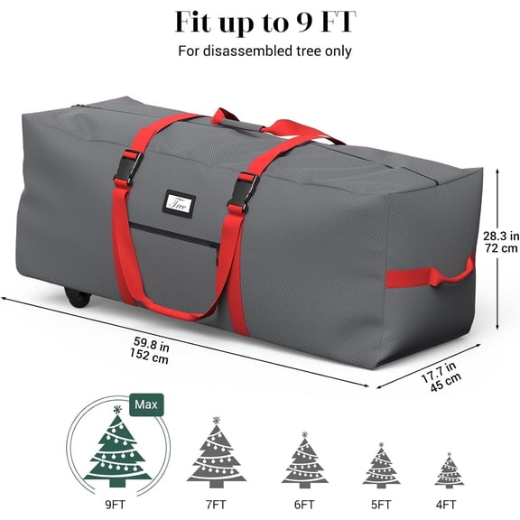 Rolling Christmas Tree Storage Bag for 9 ft Artificial Tree, 600D Waterproof Oxford Fabric, Large Christmas Tree Bag with Dual Zipper, Wheels, Handles, Heavy Duty Xmas Storage Container - Gray