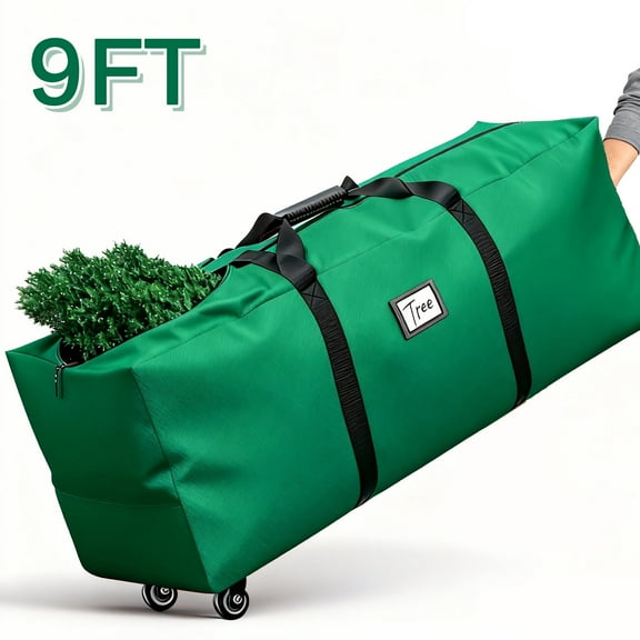 Rolling Christmas Tree Storage Bag for Up to 9Ft Trees, Waterproof & Anti-Tear 600D Oxford Fabric with Wheels, Handles, Zippers & Buckle Straps. (Green)