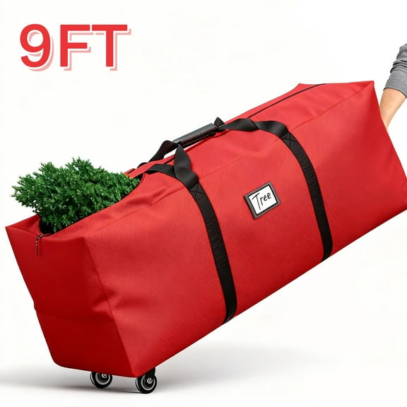 Rolling Christmas Tree Storage Bag for Up to 9Ft Trees, Waterproof & Anti-Tear 600D Oxford Fabric with Wheels, Handles, Zippers & Buckle Straps. (Red)