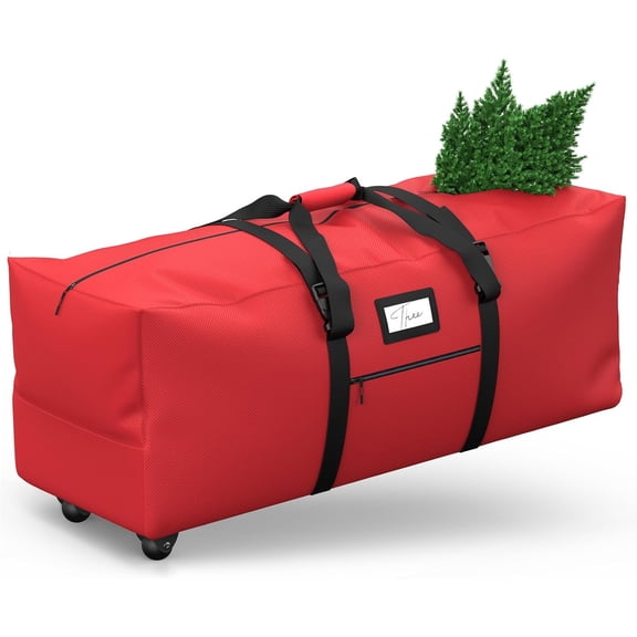 Rolling Christmas Tree Storage Bag, Fits Up to 7.5 ft Artificial Xmas Disassembled Trees.  Storage Container with Wheels and Handles. Against Dust, , and  (Red)