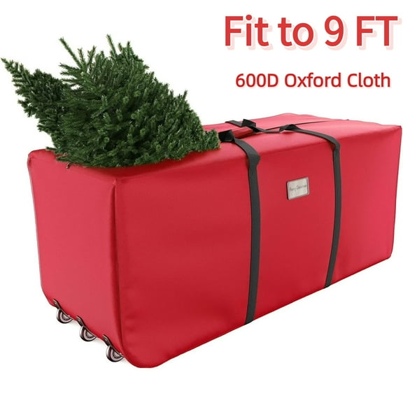 Rolling Christmas Tree Storage Bag, Waterproof Anti-Tear Heavy-Duty 600D Oxford Cloth Holiday Christmas 9 ft Tree Storage Box with Rolling Wheels,Red