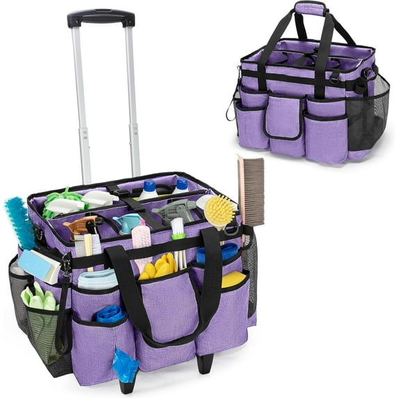 Rolling Cleaning Bag with Detachable Trolley Profional Cleaning Caddy with Shoulder Strap for Housekeepers Portable Cart on Wheels for plies Purple Patent Design