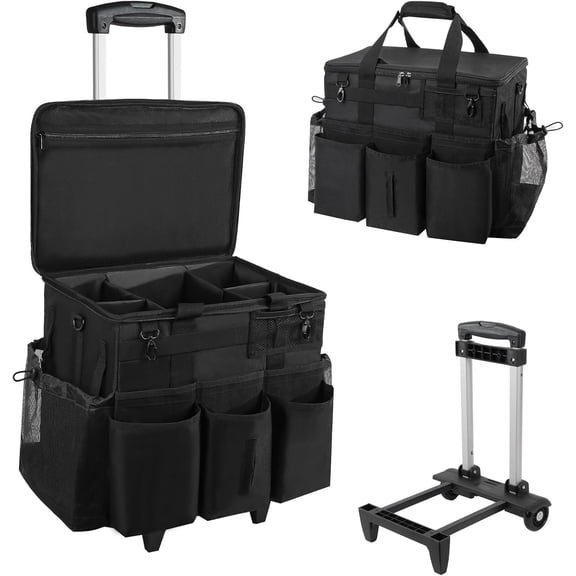 Rolling Cleaning Caddy Bag with Detachable Trolley, Large Cleaning Supplies Organizer with Wheels, Multi Pocket Cleaning Cart with Adjustable Shoulder Strap for Housekeepers & Home Use, Black
