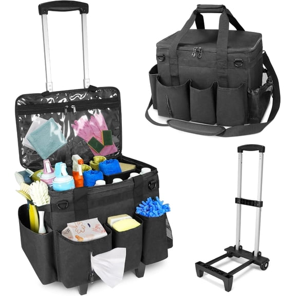 Rolling Cleaning Caddy Bag with Detachable Trolley & Lid,for Cleaning Supplies Organizer,Portable Large Cleaning Bag with Wheels for Housekeepers,with Shoulder Strap and Thickened Trailer Leg