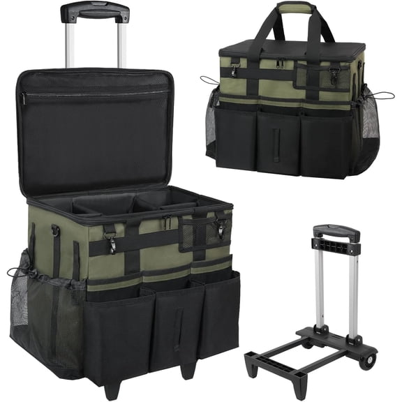 Rolling Cleaning Caddy Bag with Detachable Trolley, Large Multi-Pocket Organizer on Wheels, Adjustable Shoulder Strap, Armygreen