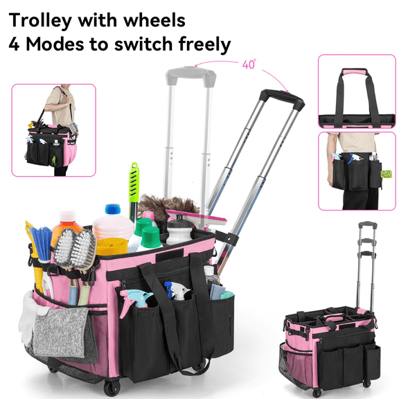 Rolling Cleaning Caddy Bag with Wheels Large Cleaning Cart Detachable Trolley for Housekeepers with Shoulder Strap & Multi Pockets for Tools Storage