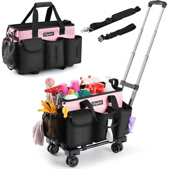 Rolling Cleaning Caddy Cleaning plies Organizer with Trolley Wearable Cleaning Tote Bag on Wheels with Hard Bottom Cleaning Carts for Housekeepers/Home/Car/Office/Picnic Pink