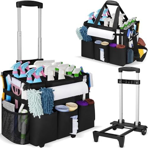 Rolling Cleaning Caddy with Wheels, Large Cleaning Supply Organizer Bag with Detachable Trolley & Shoulder Strap, Water-Resistant Cleaning Cart Bag with Removable Dividers for Housekeeping, Cleaner$$