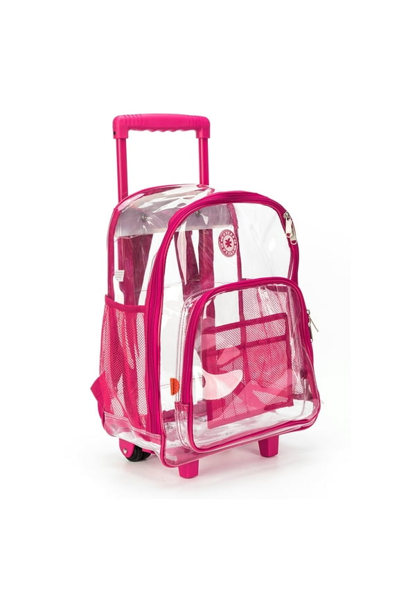 Rolling Clear Backpack Heavy Duty See Through Wheeled Daypack School Bookbag with Wheels Hot Pink