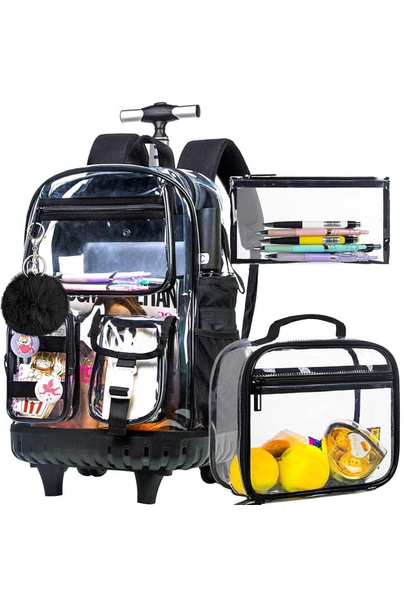 Rolling Clear Backpack for Women, Heavy Duty Transparent PVC Wheeled Bookbag, See Through Rolling Suitcase for Teens Elementary Travel, Black