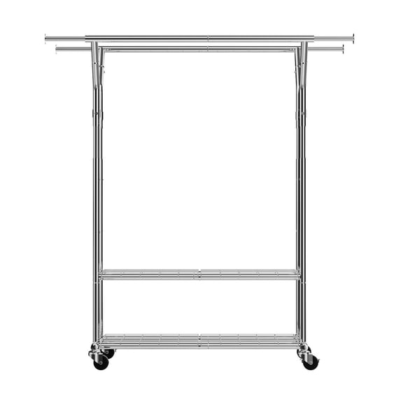 Rolling Clothes Rack, 264lbs Capacity, Adjustable Height - Heavy Duty Garment Rack with 2 Rods & Shelves for Bedroom, Laundry, Closet Organization