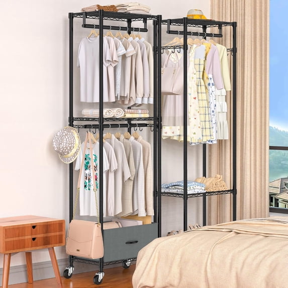 Rolling Clothes Rack, 3 Tier Garment Rack for Hanging Clothes, Metal Wire Wardrobe with Drawer Rods Portable Closet Organizer Freestanding Clothing Shelf with Wheels, Black