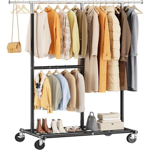 Rolling Clothes Rack, 450 LBS Clothing Rack with Sturdy Wheels, Double Rod Metal Garment Rack for Bedroom, Laundry Room, Halway, Commercial, Black