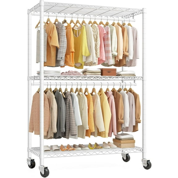 Rolling Clothes Rack, Clothing Racks for Hanging Clothes,Heavy Duty Garment Rack with Wheels and Adjustable Feet,Metal Portable Closet for Bedroom, Dressing Room, Laundry Room,White
