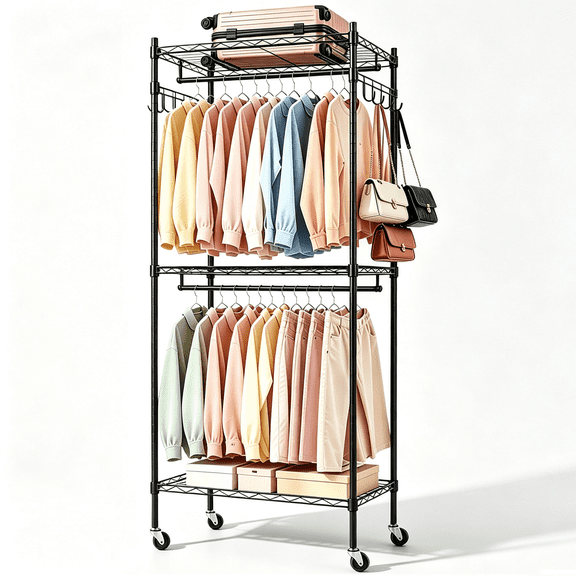 Ukmk Clothes Rack with Double-Bar,23.6’’X15.7’’X75.9’’Clothing Rack with Shelves & Wheels, Portable Metal Multi‑functional Garment Rack for Bedroom, Laundry Room, Living Room, Black.