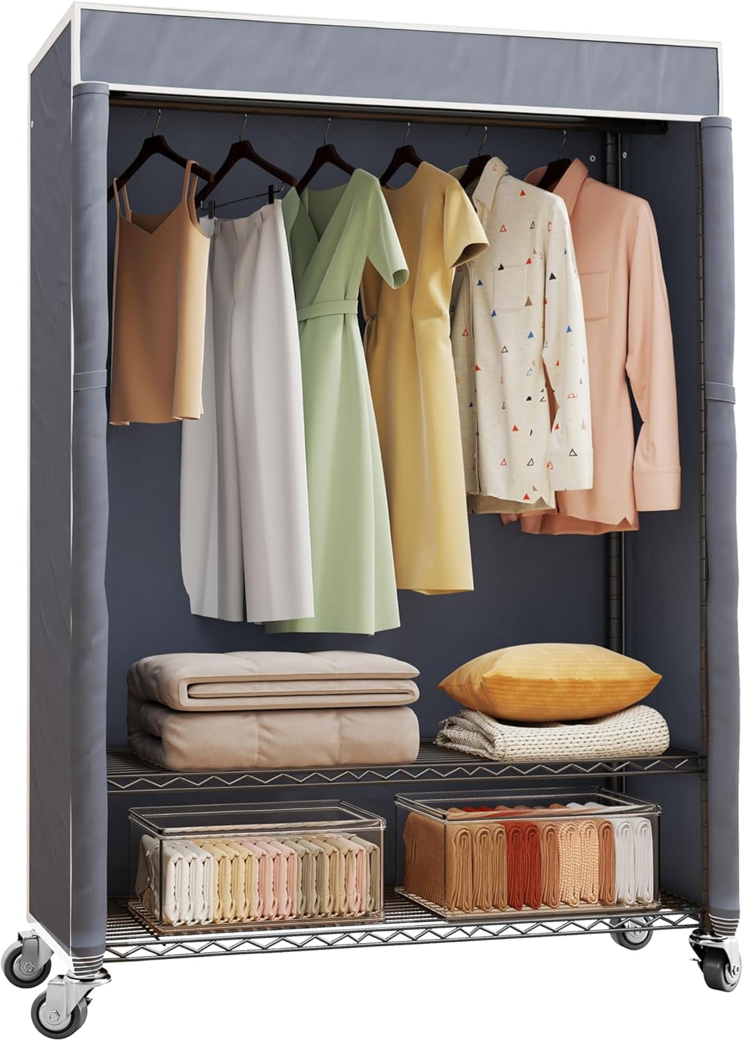Rolling Clos Rack with Cover Heavy Duty Garment Rack Wardrobe Closet ...