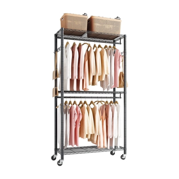 Rolling Clothes Rack, Heavy Duty Clothing Garment Rack, 3 Adjustable Tiers Clothing Racks with Carbon Steel, 450 lbs Load Capacity Closet Wardrobe for Bedroom, Clothing Store, Hallway