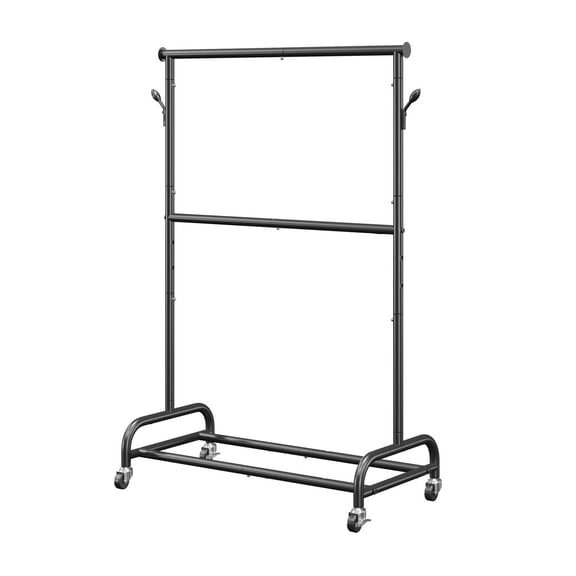 Rolling Clothes Rack, Heavy Duty Garment Rack with Adjustable Crossbar & Hooks - 150lbs Capacity - Carbon Steel Clothing Rack with Wheels for Bedroom, Laundry, Closet
