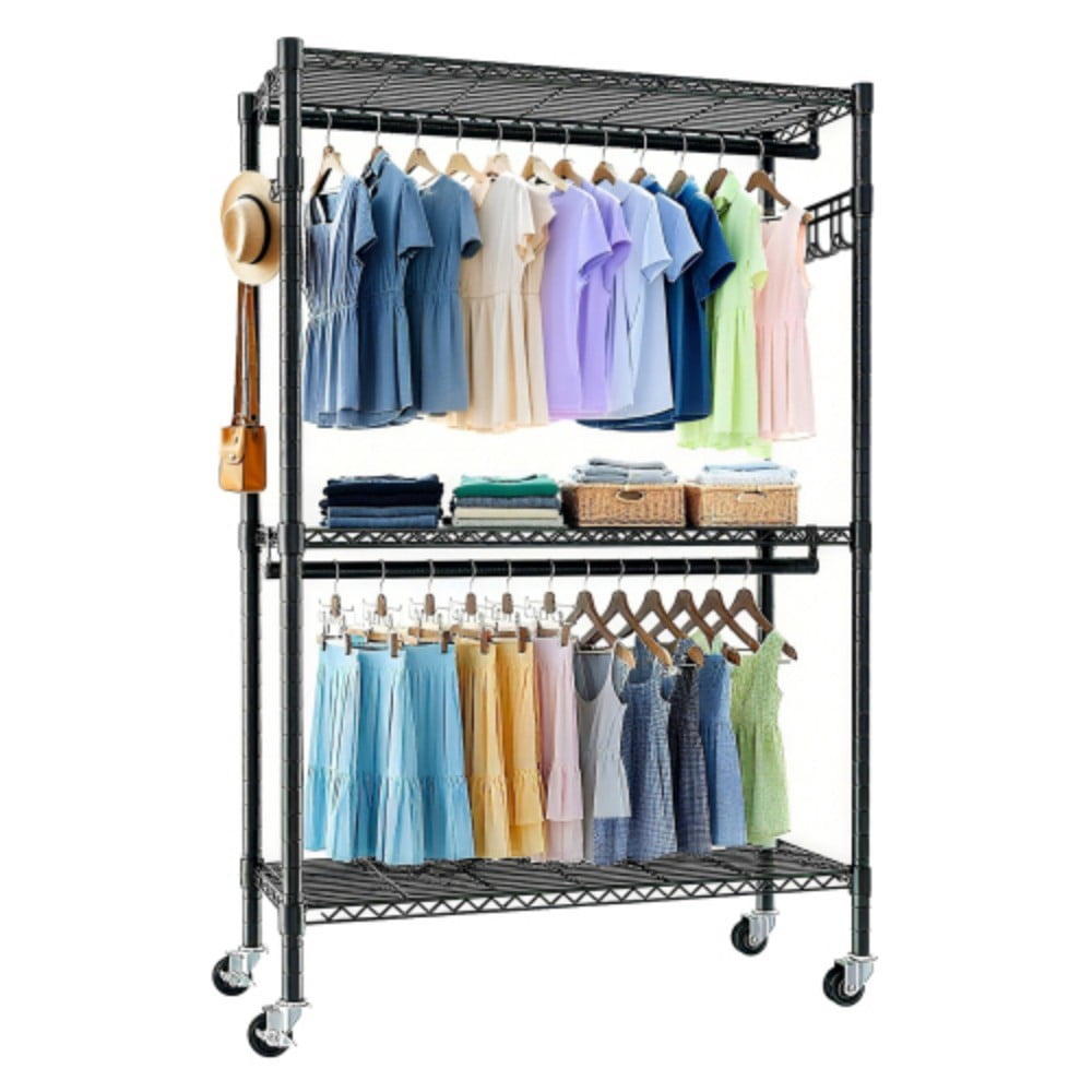 Rolling Clothes Rack, Heavy Duty Garment Rack with Wheels, 3-Tier Adjustable Wire Shelving, 2 Clothes Rails & Side Hooks, Portable Closet Organizer, Black