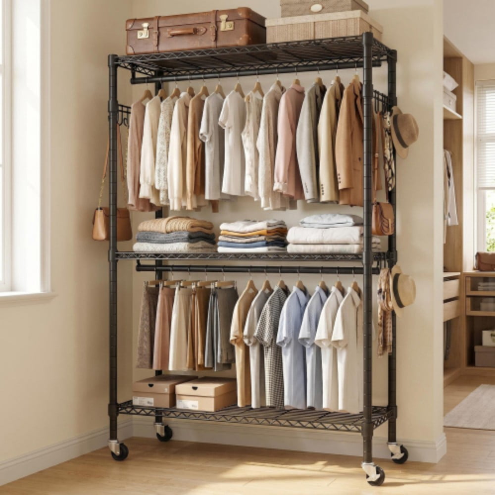 Rolling Clothes Rack, Heavy Duty Garment Rack with Wheels, 3-Tier Adjustable Wire Shelving, 2 Clothes Rods & Side Hooks, Freestanding Metal Clothing Rack, Black