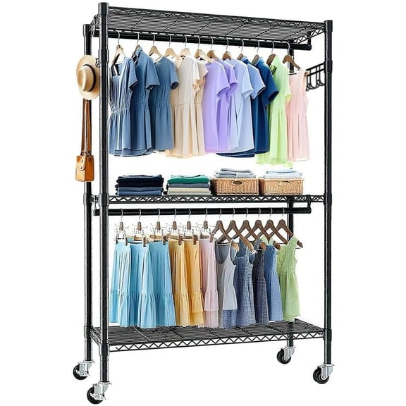Rolling Clothes Rack, Heavy Duty Garment Rack with Wheels, 3 Tiers Adjustable Wire Shelving Clothes Rack with Side Hooks and 2 Clothes Rails, Metal Freestanding Clothing Wardrobe Closet - Black