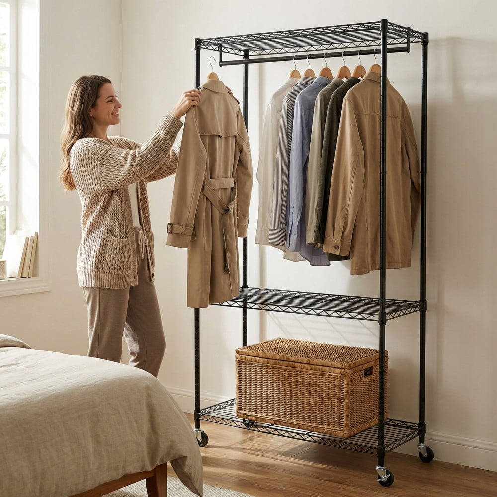 Rolling Clothes Rack, Heavy Duty Garment Rack with 3-Tier Wire Shelves & Hanging Rod, Freestanding Closet Organizer with 360° Wheels, Black