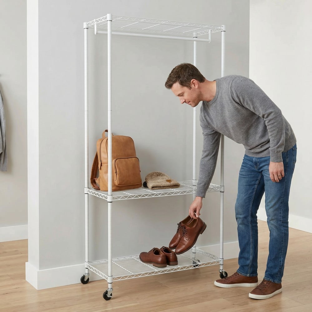 Rolling Clothes Rack, Heavy Duty Garment Rack with 3-Tier Wire Shelves & Hanging Rod, Freestanding Closet Organizer with 360° Wheels, White