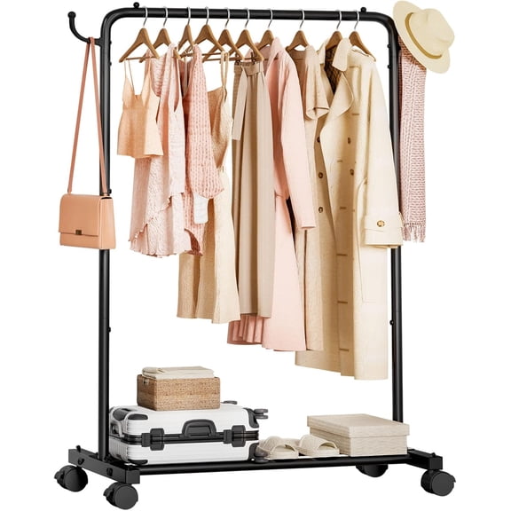 "Rolling Clothes Rack with Hooks, Standing Garment Storage on Wheels, Coat & Dress Organizer with Luggage Shelf, for Bedroom & Laundry Room, 32” Black"