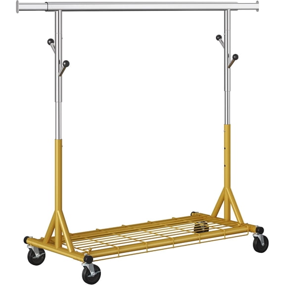 Rolling Clothes Rack Load 530lbs,Heavy Duty Garment Rack With Sturdy Wheel And Shelves, Adjustable Portable Hanging Rack For Clothes, Gold