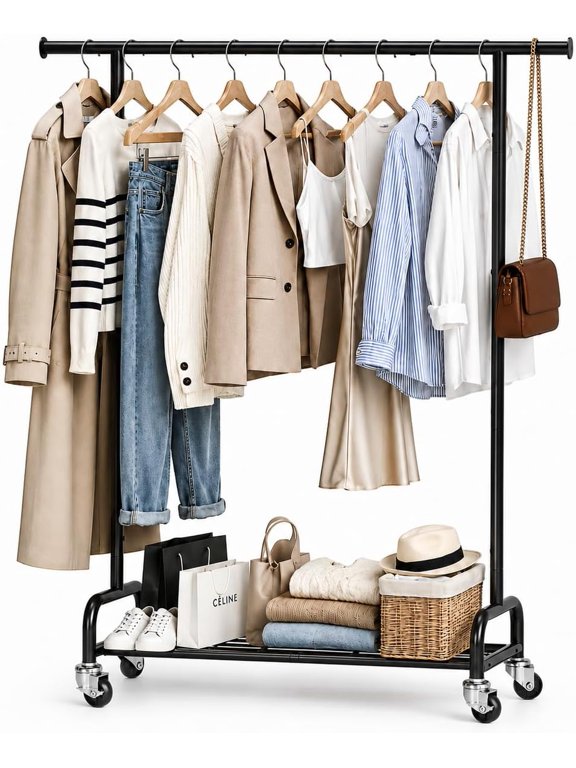 Rolling Clothes Rack - Metal Garment Rack with Mesh Base | Heavy Duty Clothing Rack with Wheels, Portable Hanging Clothes Rack for Bedroom, Laundry Room