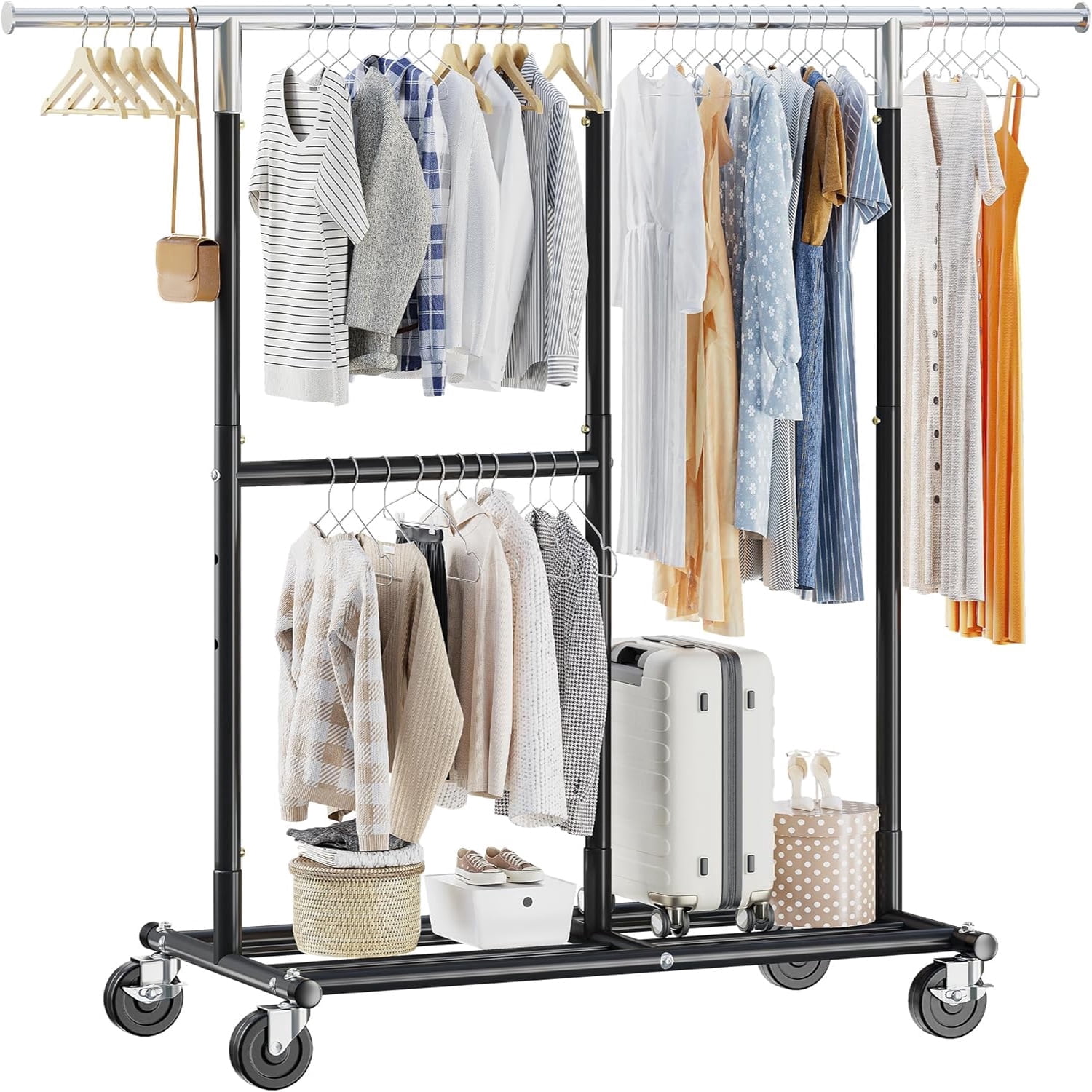 Rolling Clothes Rack with Wheels,Adjustable Double Rod Garment Rack ...