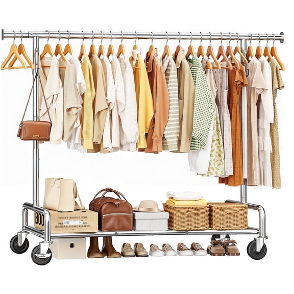 Rolling Clothes Rack with Wheels,Adjustable Height & Width (57-67"H,51-75"W), Heavy Duty Clothing Rack 450 lbs,Metal Garment Rack with Shelf & Hooks for Bedroom Laundry Entryway,Silver