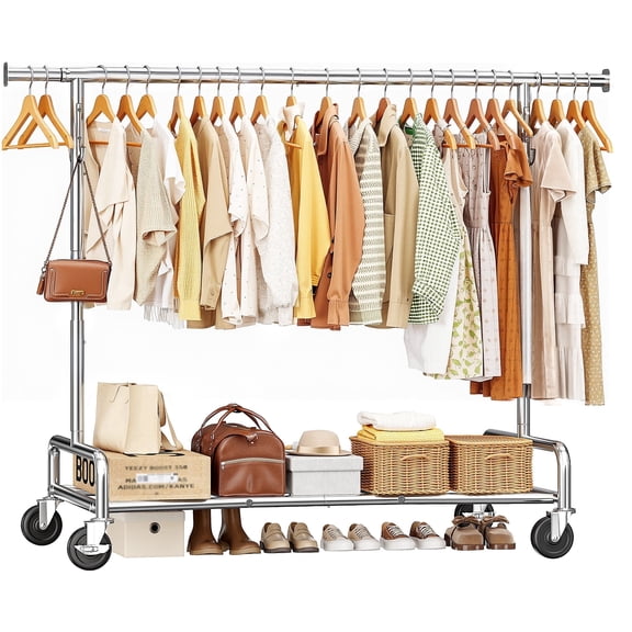 melmine Rolling Clothes Rack with Wheels,Adjustable Height & Width (57-67"H,51-75"W), Heavy Duty Clothing Rack 450 lbs,Metal Garment Rack with Shelf & Hooks for Bedroom Laundry Entryway,Silver