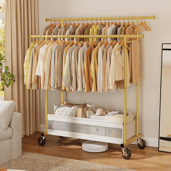 melmine Rolling Clothes Rack with Wheels,Double Rod Clothing Rack with Fabric Storage Basket,Heavy Duty Metal Garment Rack for Hanging Clothes,Portable Closet Organizer for Bedroom Laundry,Gold