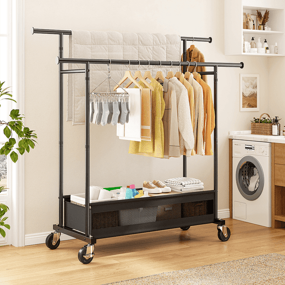 Portable Closet Wardrobe with Wheels,Rolling Clothes Rack with Double Hanging Rods & Fabric Storage Basket,Metal Closet Organizer for Bedroom,Laundry Room & Small Spaces,Black