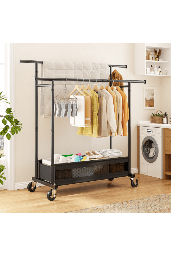 Portable Closet Wardrobe with Wheels,Rolling Clothes Rack with Double Hanging Rods & Fabric Storage Basket,Metal Closet Organizer for Bedroom,Laundry Room & Small Spaces,Black