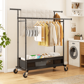 melmine Portable Closet Wardrobe with Wheels,Rolling Clothes Rack with Double Hanging Rods & Fabric Storage Basket,Metal Closet Organizer for Bedroom,Laundry Room & Small Spaces,Black