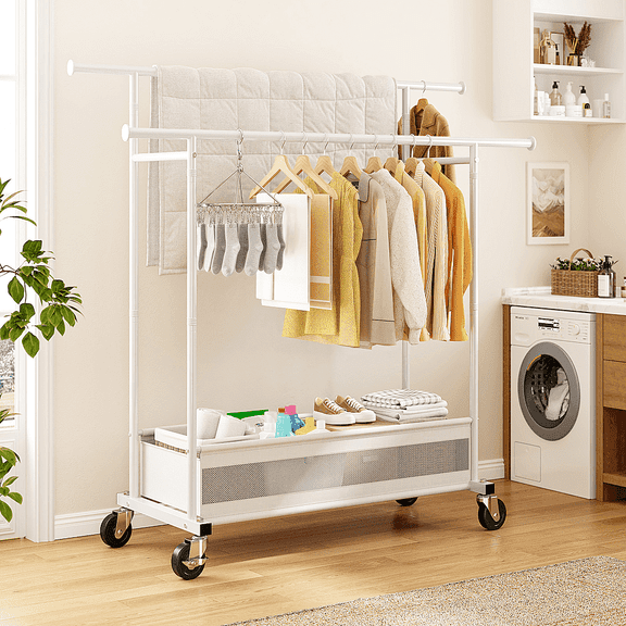Portable Closet Wardrobe with Wheels,Rolling Clothes Rack with Double Hanging Rods & Fabric Storage Basket,Metal Closet Organizer for Bedroom,Laundry Room & Small Spaces,White