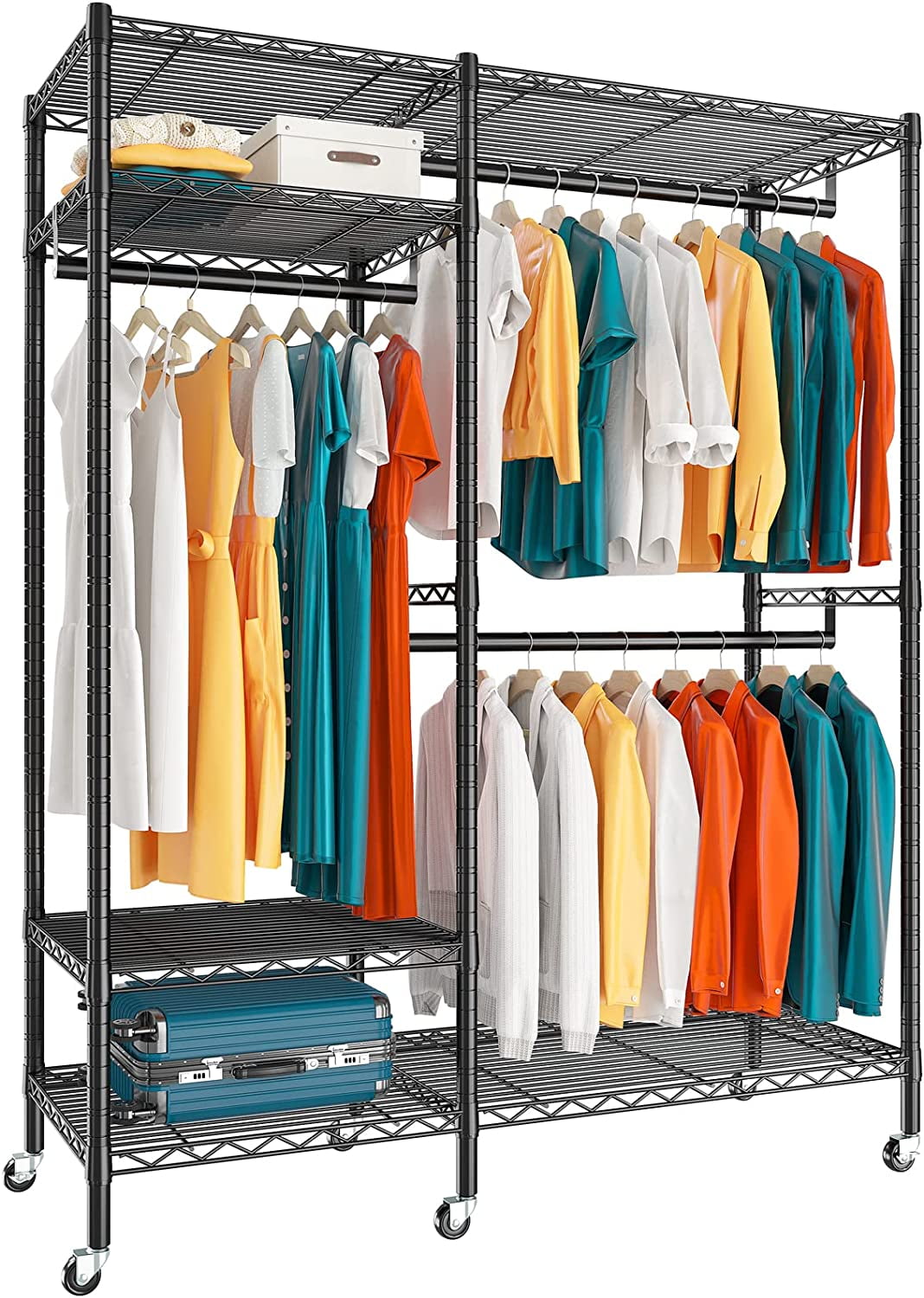 Rolling Clothes Rack with Wheels Loads 650LBS, Clothing Racks for