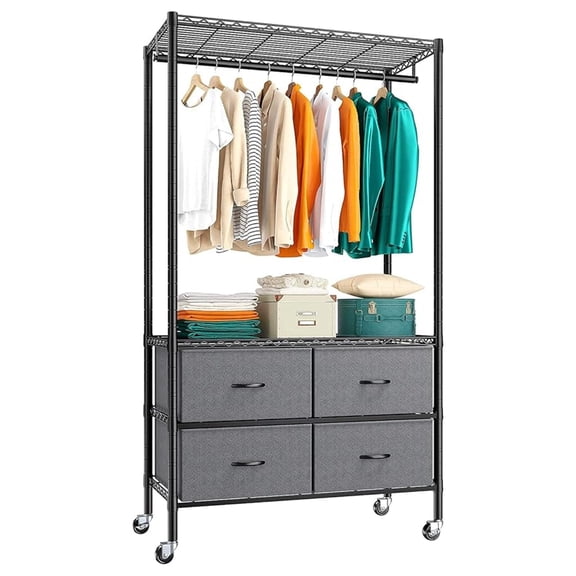 Rolling Clothes Rack for Hanging Clothes, Clothing Rack with 4 Fabric Drawers and Wheels, Portable,Adjustable,Sturdy,Black