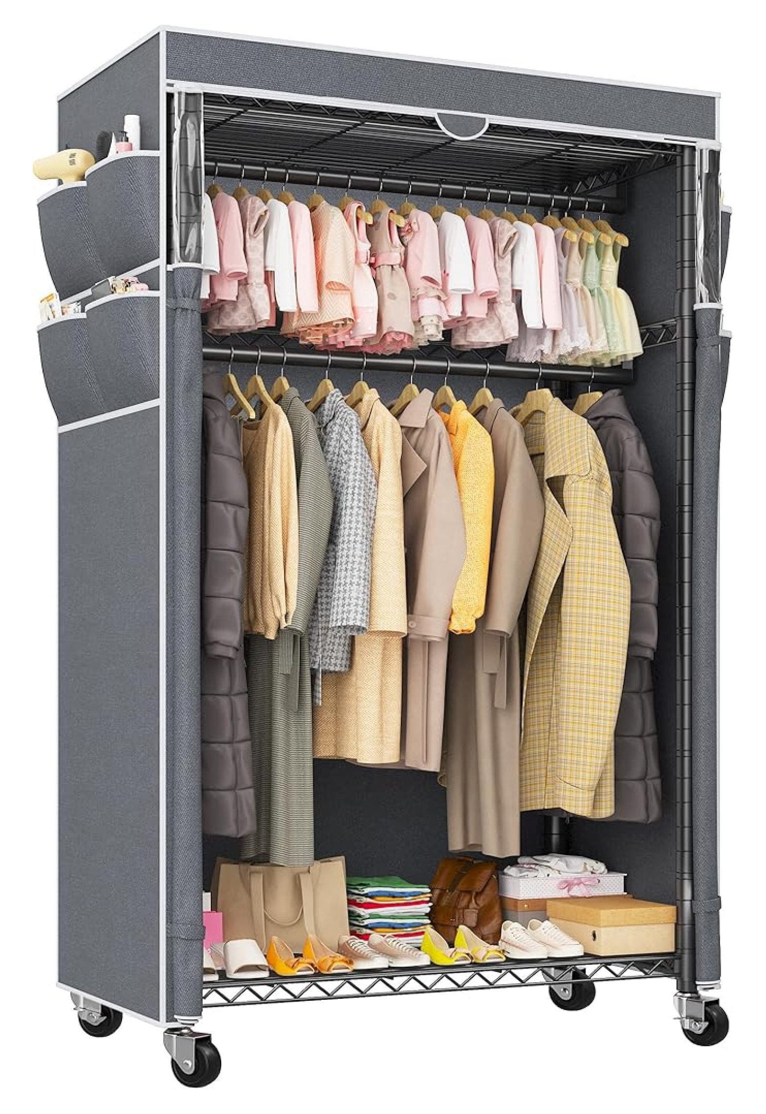 Mobile Clothes Racks Rolling Clothes Rack with Cover Clothing Racks for Hanging Clothes ...
