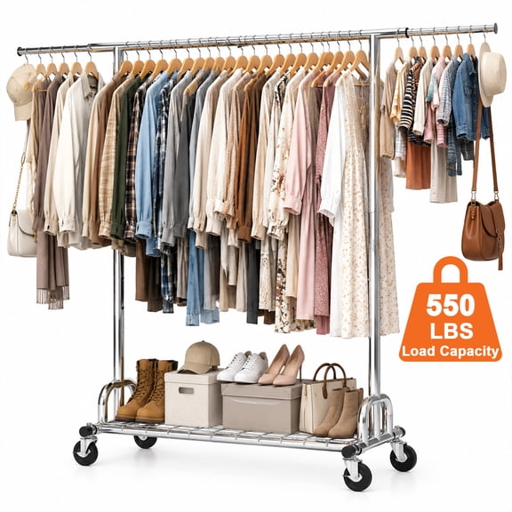 Rolling Clothes Rack with Wheels, Heavy Duty Garment Rack 550 lbs, Foldable Adjustable Rack