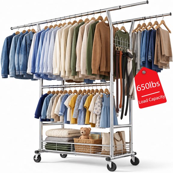 Rolling Clothes Rack with Wheels, Heavy Duty Garment Rack 650 LBS, Storage Organizer