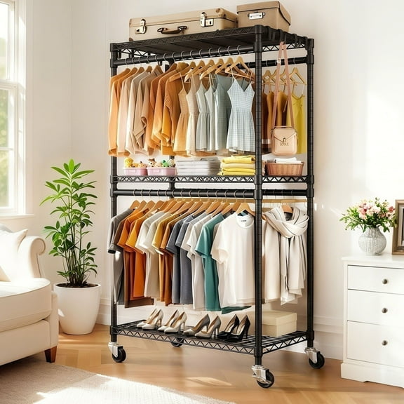 Rolling Clothes Rack with Wheels in Black, Freestanding Adjustable 3 Tiers Organizer with 2 Clothes Rails and Side Hooks