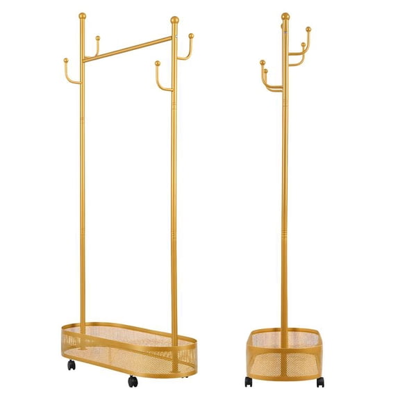 Rolling Coat Rack with Side Hooks & Bottom Mesh Basket, Sturdy Metal Freestanding Garment Rack, 360 Wheels for Easy Mobility, Modern Design for Home & Closet (Gold)