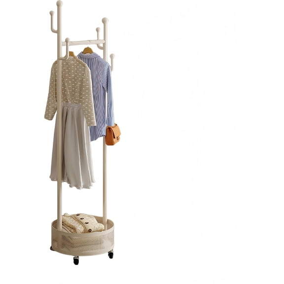 Rolling Coat Rack with Wheels, Freestanding Garment Rack with 6 Hooks & Mesh Storage Basket, Portable Clothing Rack Stand for Entryway, Bedroom, Closet, Cream