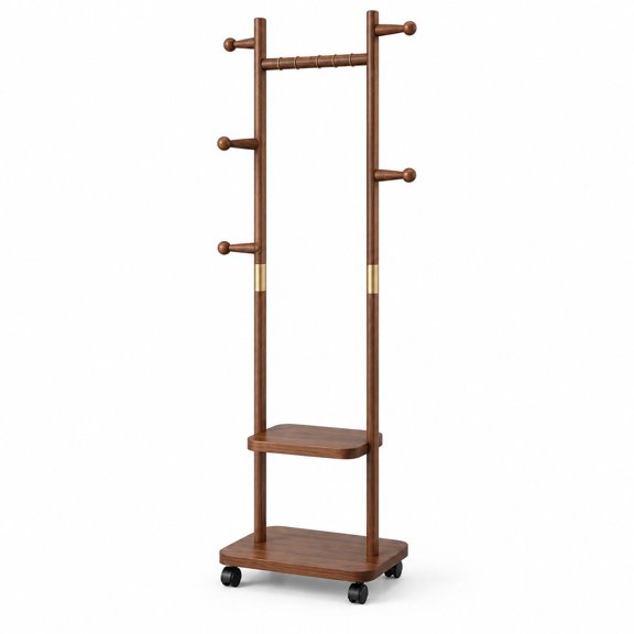 Rolling Coat Rack with 2-Tier Storage and 5 Hooks, Walnut Solid Rubberwood Garment Rack with Lockable Wheels