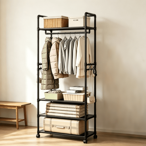 3-Tier Rolling Garment Rack, Freestanding Clothes Organizer with Hanging Rod, Lockable Wheels & Side Hooks for Bedroom and Closet