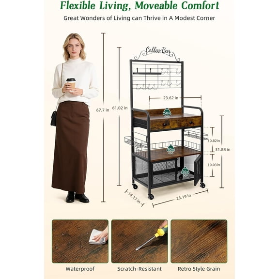 Rolling Coffee Bar Cart for Small Spaces, Coffee Station Cabinet with Storage, Apartment Coffee Nook, Side Syrup Rack, Tea Pod Drawer, Magnetic Doors, Lockable Wheels, Rustic Brown