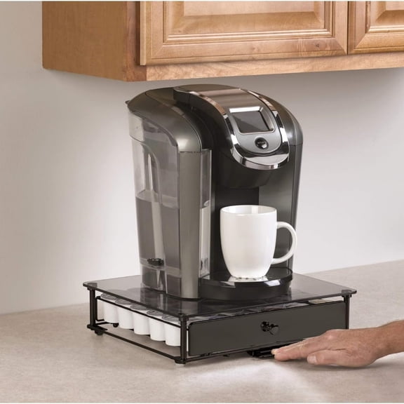 Rolling Coffee Pod Drawer  Tempered Glass, Black, Compatible with K-Cups, 36 Pod Pack Holder, Compact Under Coffee Pot Storage Drawer, Slim Home Kitchen Counter Organizer